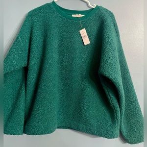 Loft sz L faux Sherpa green pullover sweater NWT